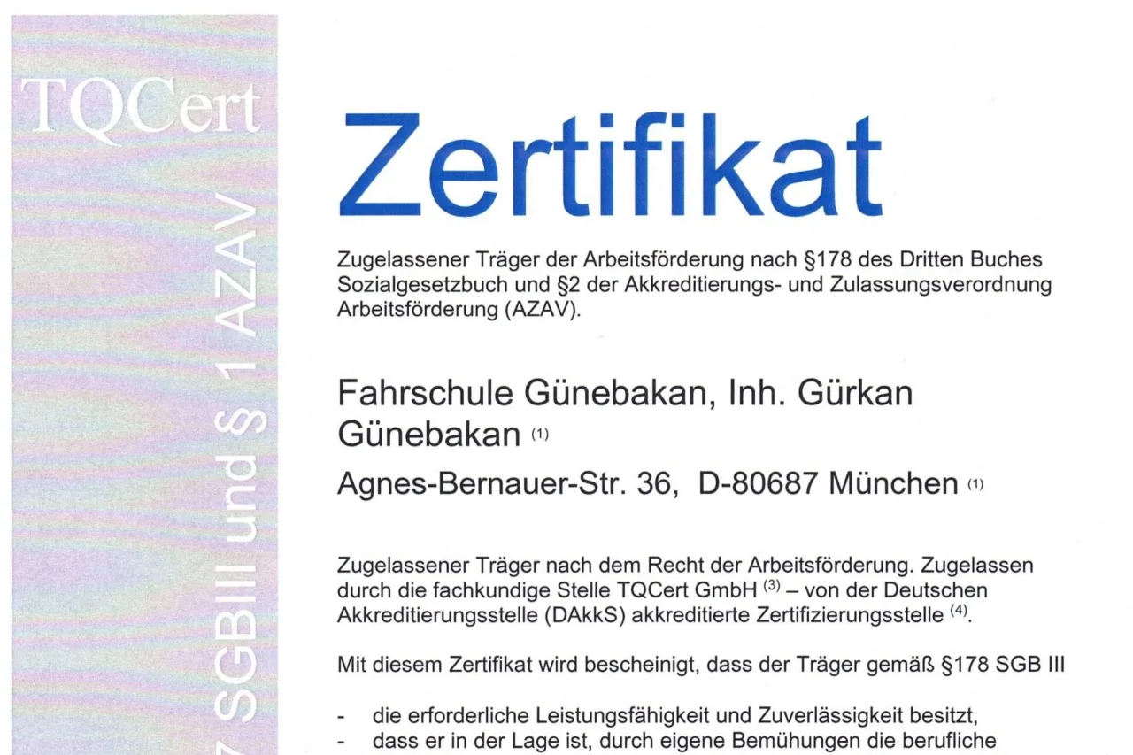 AZAV-Zertifikat der Fahrschule Günebakan